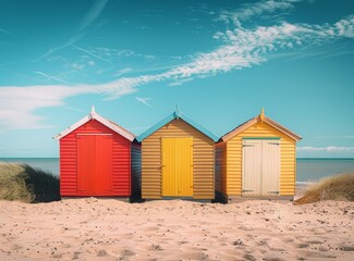 Naklejka premium Three colorful beach huts on the sandy shore of an English seaside resort with a blue sky in the summer.