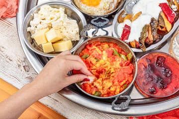 Traditional Turkish Breakfast Table (Serpme Kahvalti). Traditional Turkish village breakfast with...