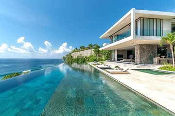 Fototapeta premium Luxury beachfront villa with modern minimalist design, infinity pool, ocean view, tropical landscape