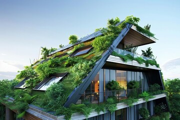 Fototapeta premium Sustainable ecofriendly building with green roof, solar panels, urban environment, innovative design