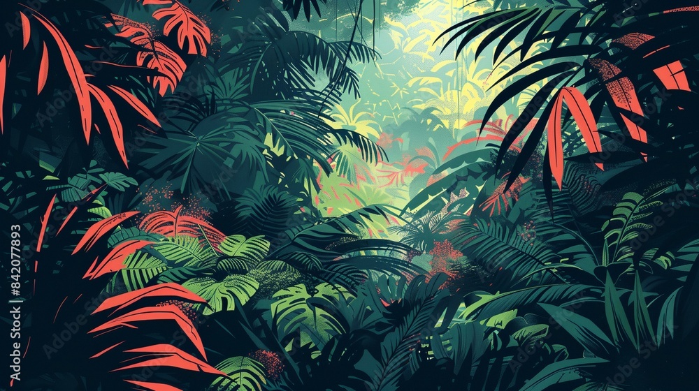 Poster a painting of a jungle scene with red and green leaves