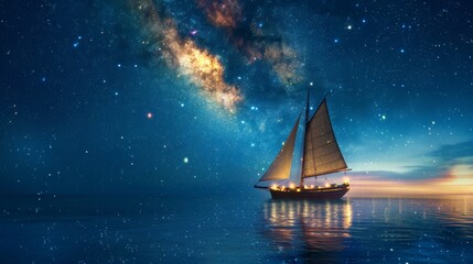 Sailing ship in sea water with night sky milky way.