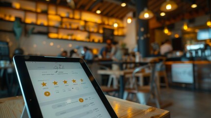 A tablet displays a restaurant review website on a table in a cafe setting. The cafe is busy with customers and staff, creating a warm and inviting ambiance.
