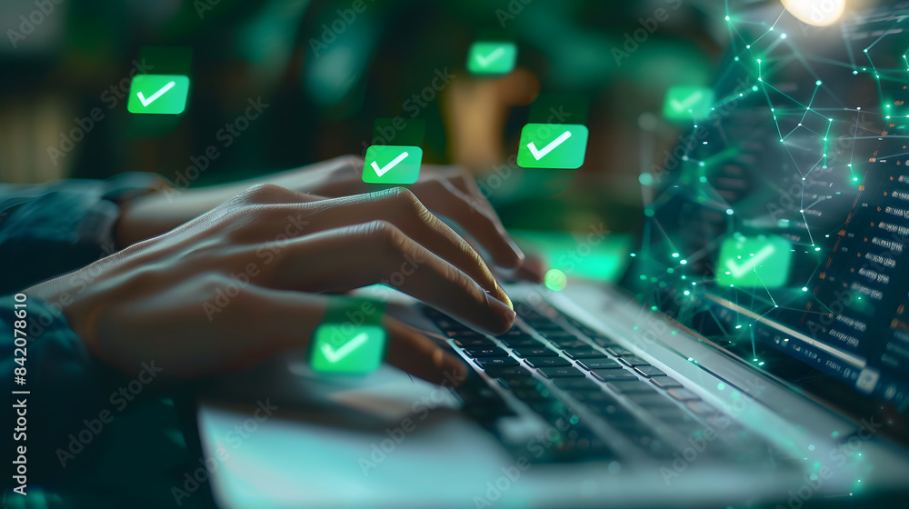 Poster a person typing on their laptop with green checkmark icons floating above the keyboard. attention to
