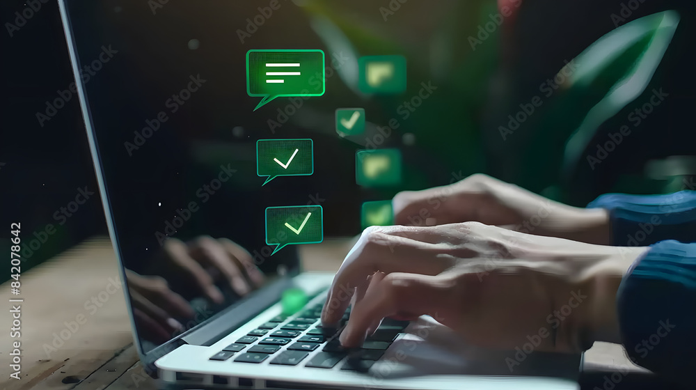 Poster a person typing on their laptop with green checkmark icons floating above the keyboard. attention to