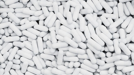 Top view on white pills mixed background. Drugs, pills, tablets, medicine concept. 3d render illustration