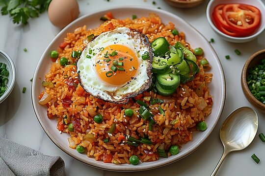 A plate of rice with an egg on top and a spoon next to it