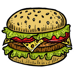 Hamburger burger sandwich color sketch engraving PNG illustration. Scratch board style imitation. Black and white hand drawn image.