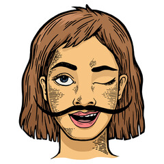 Happy young winking woman with long mustache color sketch engraving PNG illustration. Scratch board style imitation. Hand drawn image.