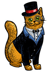 Obraz premium Cat in tuxedo blazer coat top hat and glasses color sketch engraving PNG illustration. T-shirt apparel print design. Scratch board imitation. Black and white hand drawn image.