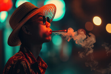Fototapeta premium Stylish young man smoking in neon lights, bokeh background