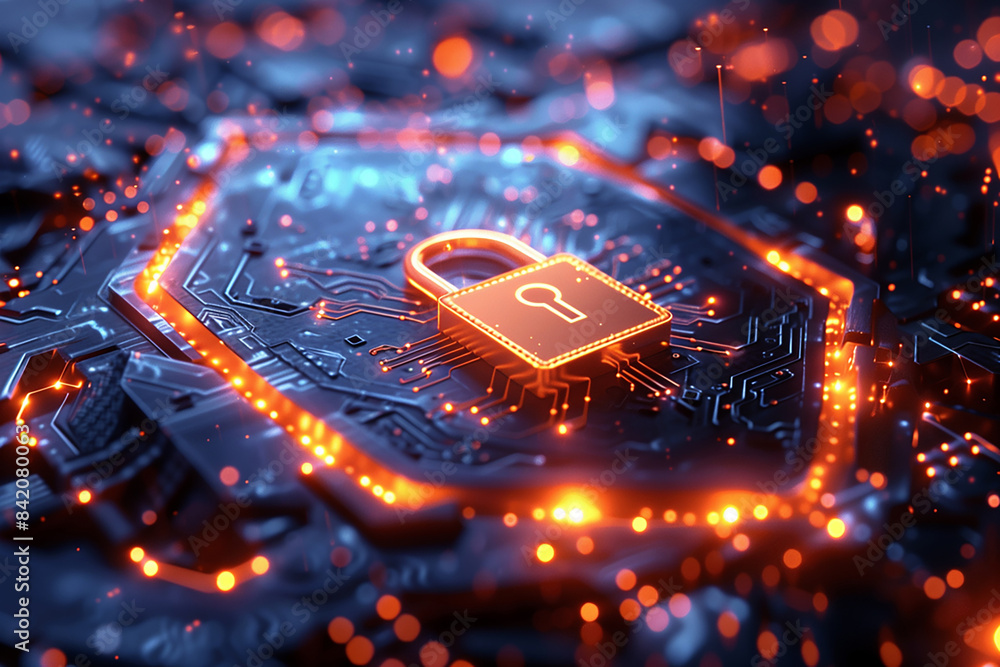 Poster Glowing padlock on circuit board symbolizing computer security
