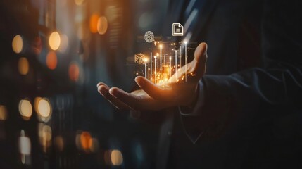 Digital marketing Business and financial element Financial technology with close-up businessman hand holding Business and financial icons