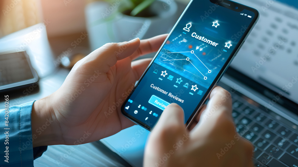 Poster a person using their smartphone to write a customer review on an online shopping website. with icons