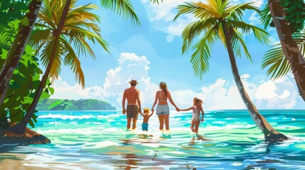Family in tropical sea with palm tree in vacation.