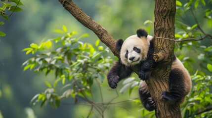 Fototapeta premium A panda bear on tree in wild forest.