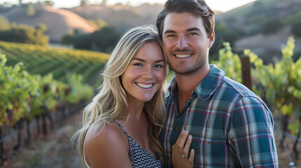 Fototapeta premium A photo of an attractive couple in their late thirties smiling at the camera. with vineyards behind them 