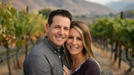 Fototapeta premium A photo of an attractive couple in their late thirties smiling at the camera. with vineyards behind them 