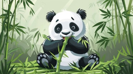 A cute panda with bamboo leaves in bamboo forest