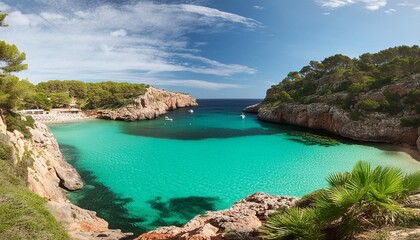 turquoise waters at font de sa cala beach in mallorca are surrounded by rugged rocks and lush green scenery