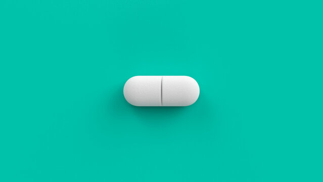 White single pill isolated on a turquoise background. Tablet, pill capsule top view, flat lay. 3d render illustration 