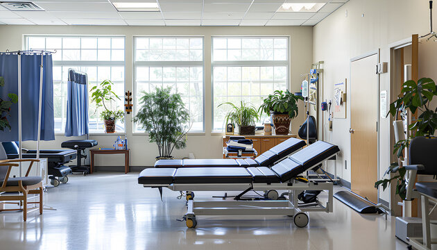 Interior of rehabilitation center with couch and equipment