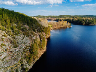 Aerial view of rocky islands in Ladoga lake, Karelia