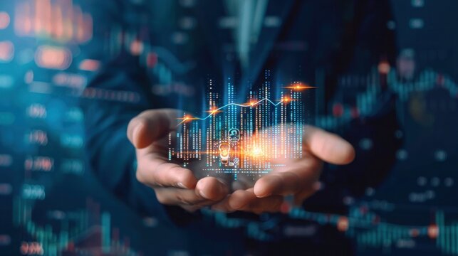 Digital marketing Business and financial element Financial technology with close-up businessman hand holding Business and financial icons