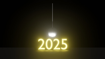 3D render of 2025 ball drop with 2025 illuminated and shining on a reflective surface. Transparent background	