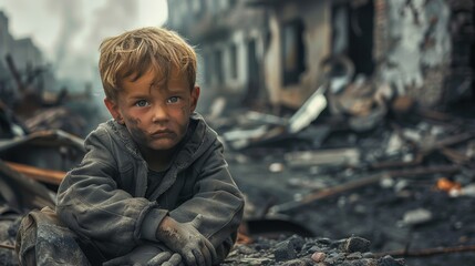 Devastated city  ruined buildings, ashes, homeless child in close up realistic photo