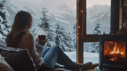 Curled up with a nice cup of coffee, a woman wearing jeans and a sweater