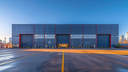 wide angle view of a modern big factory, self-storage facility or car dealership building