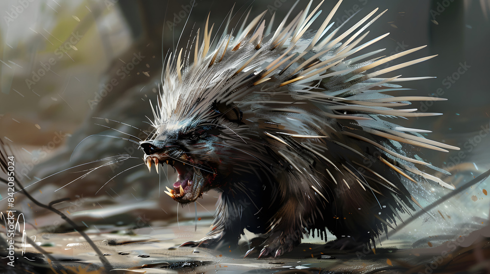 Poster a realistic fantasy representation of a livid and sullied bristly porcupine with sharp spines.