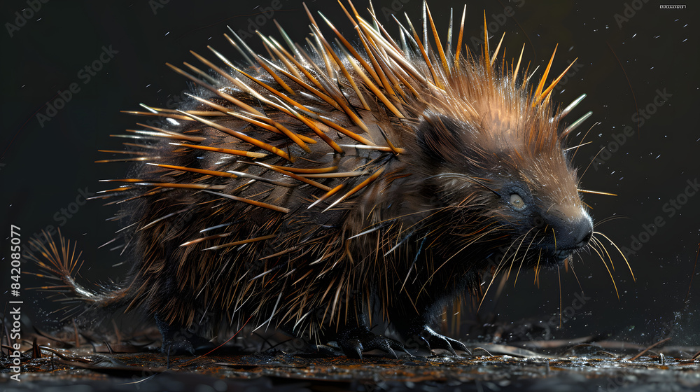 Poster a realistic fantasy representation of a livid and sullied bristly porcupine with sharp spines.