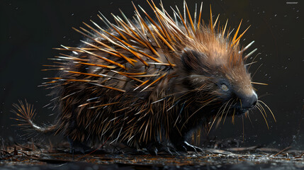 A realistic fantasy representation of a livid and sullied bristly porcupine with sharp spines. 