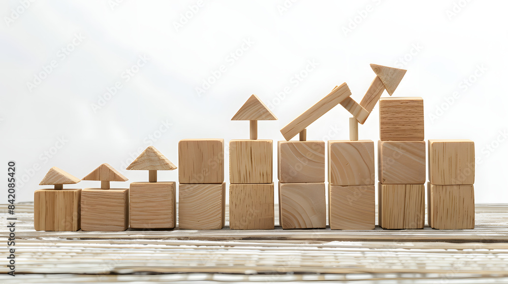 Poster a set of wooden blocks are arranged in the shape of an upward trending graph. with arrows pointing u