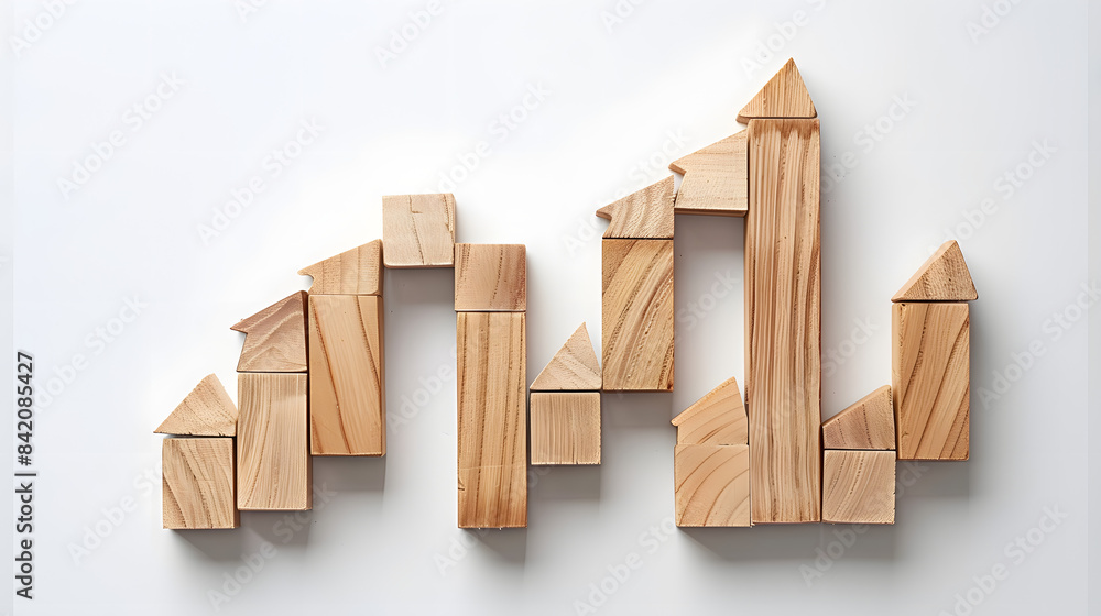 Poster a set of wooden blocks are arranged in the shape of an upward trending graph. with arrows pointing u