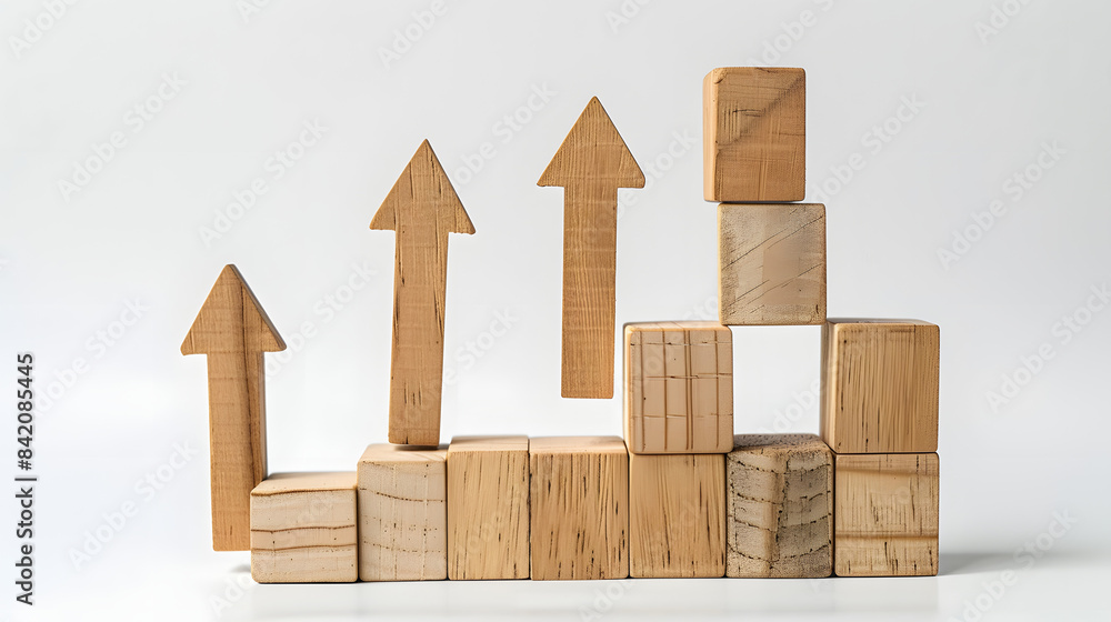 Poster a set of wooden blocks are arranged in the shape of an upward trending graph. with arrows pointing u