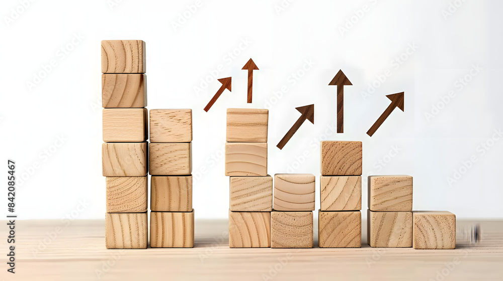Poster a set of wooden blocks are arranged in the shape of an upward trending graph. with arrows pointing u