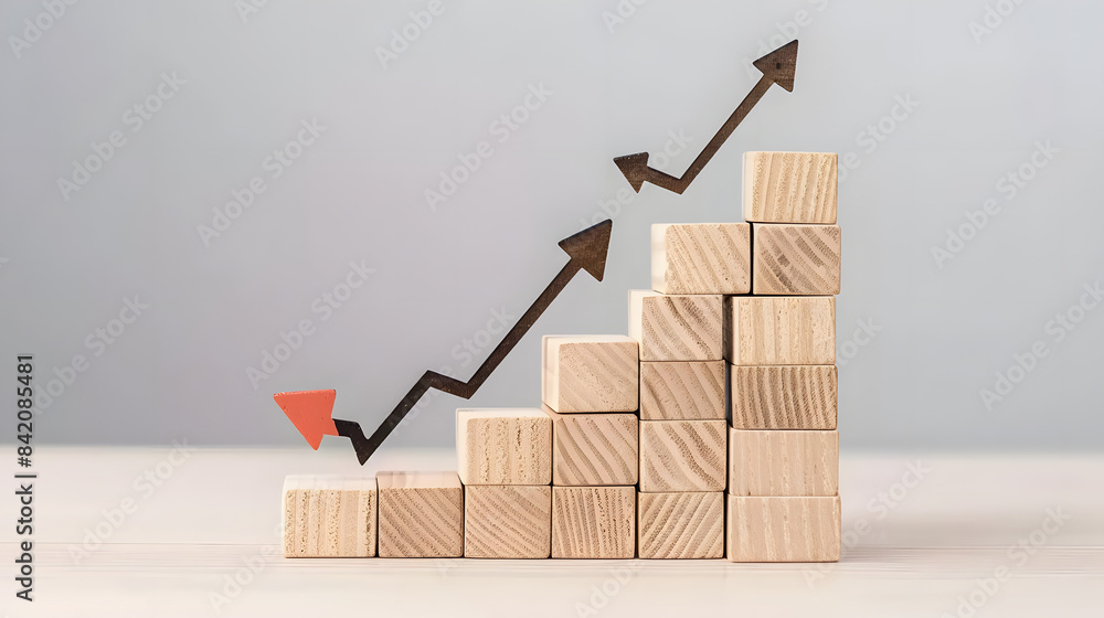 Poster a set of wooden blocks are arranged in the shape of an upward trending graph. with arrows pointing u
