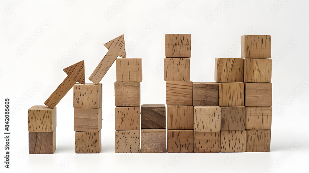 Poster a set of wooden blocks are arranged in the shape of an upward trending graph. with arrows pointing u