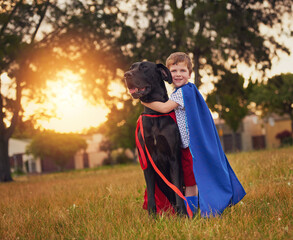 Portrait, dog or child with superhero costume in garden for hug, bonding and playing outdoor. Animals, pet or happy boy with Great Dane puppy in park for halloween, fantasy or learning responsibility