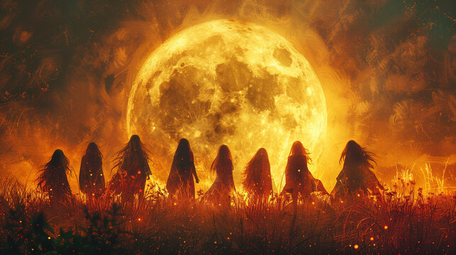 Six femmes se tenant par la min dans un champs comme des soeurs, en contrejour devant le soleil couchant