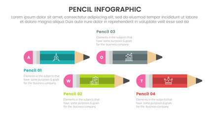pencil education infographic 4 point stage template with laying pencil on right direction up and down for slide presentation