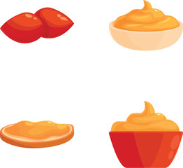 Collection of cartoon sweet potatoes and creamy mashed sweet potato servings