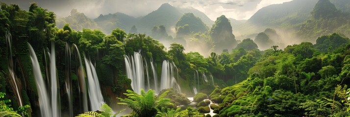 Waterfall in deep tropical rainforest with green plants, moss, ferns.