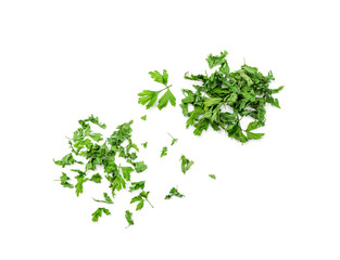 Dry parsley pile isolated. Crushed cilantro leaves heap, dried garden parsley, chervil flakes, corriender pileces