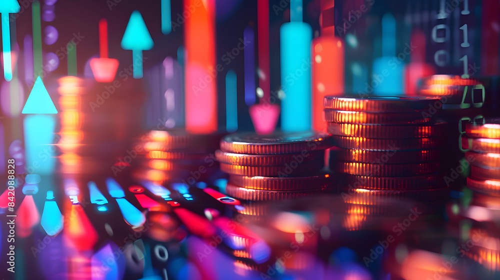 Aufkleber a stack of coins with digital graphs and arrows showing blades in the background. indicating growth 