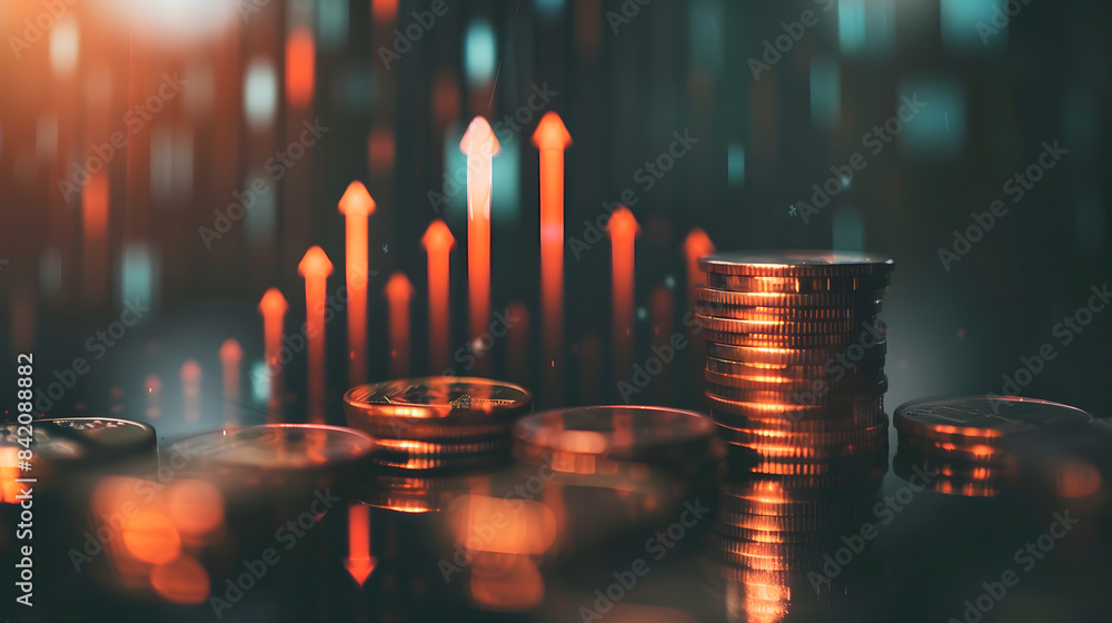 Aufkleber a stack of coins with digital graphs and arrows showing blades in the background. indicating growth 