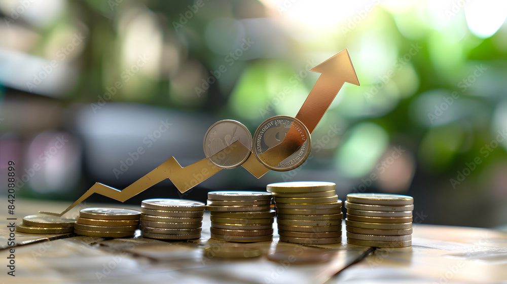 Poster a stack of coins with digital graphs and arrows showing blades in the background. indicating growth 